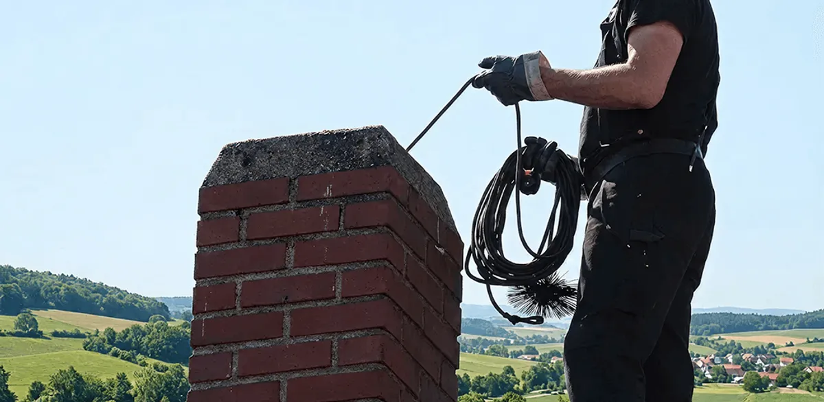 Chimney sweep inspecting and cleaning a rooftop chimney in Savannah, GA